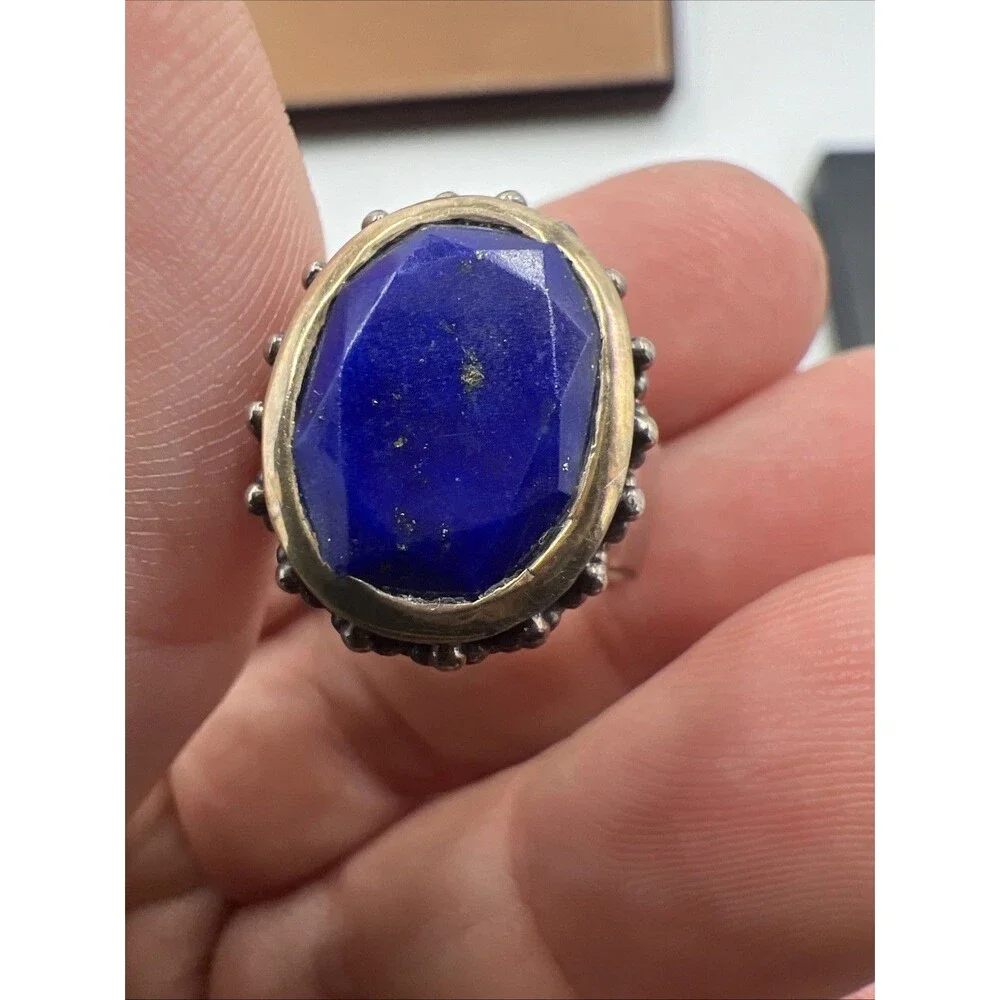 Stunning Blue Lapis Lazuli Caviar Cable 925 Silver & 14K Gold SZ 5.75 6.69 Gram
